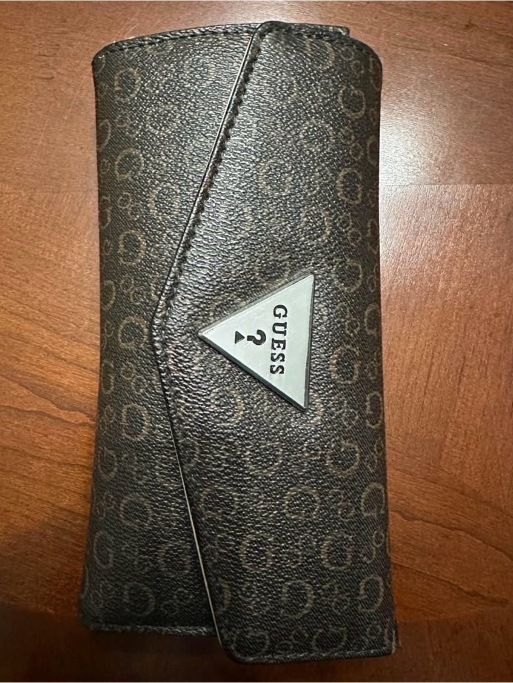 GUESS Brown Monogram Continental Card Holder with Triangle Logo